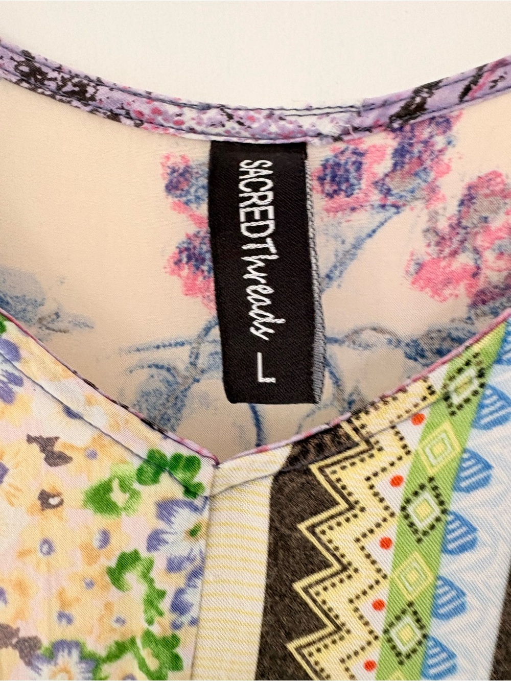 SACRED THREADS L Patchwork Dress Multicolor Boho Embroidered Floral Festival - Picture 3 of 14
